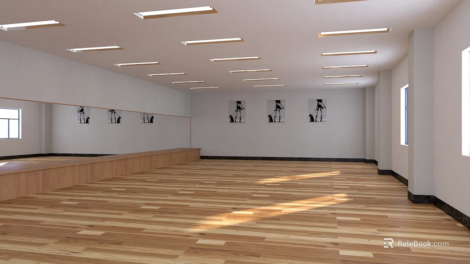 Spacious Indoor Fitness Studio With Wooden Floor And Wall Exercise Silhouettes 3d model 