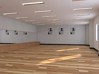 Spacious Indoor Fitness Studio With Wooden Floor And Wall Exercise Silhouettes 3d model