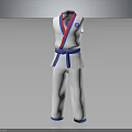White Taekwondo Uniform With Blue Belt Red And Blue Collar And Chest Badge