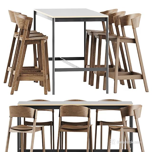 Modern Wooden Dining Table And Chairs Set With Backrest And Simple Frame Design 3d model