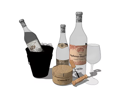 Wine Bottles Glass Ice Bucket Cheese Wooden Container And Corkscrew Setup 3d model