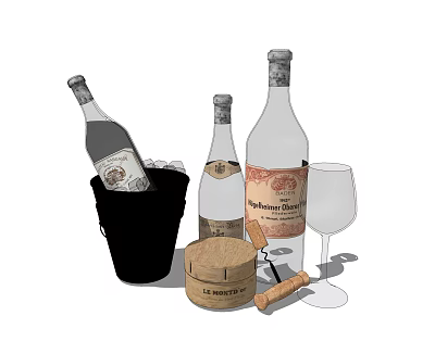 Wine Bottles Glass Ice Bucket Cheese Wooden Container And Corkscrew Setup 3d model