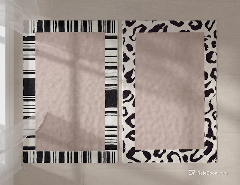 Stylish Square Rugs With Black White Striped And Leopard Print Borders And Light Brown Centers 3d model 