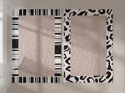 Stylish Square Rugs With Black White Striped And Leopard Print Borders And Light Brown Centers 3d model