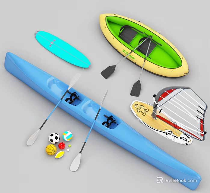 Colorful Water Sports Equipment Collection Featuring Kayak Paddleboard Sailboat Paddles And Balls 3d model 