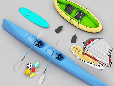 Colorful Water Sports Equipment Collection Featuring Kayak Paddleboard Sailboat Paddles And Balls 3d model
