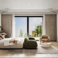 Elegant Bedroom Interior With Decorative Wall Moldings Green Sofa Chair Beige Armchair And Table Lamp