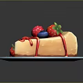 Delicious Cheesecake Slice With Fresh Strawberries Blueberries And Raspberries On White Plate With Red Sauce