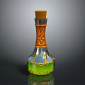 Ornate Glass Bottle Featuring Wooden Cork Orange Patterns And Green Liquid