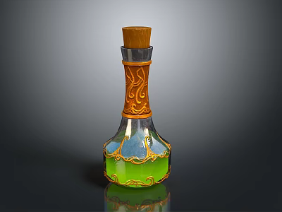 Ornate Glass Bottle Featuring Wooden Cork Orange Patterns And Green Liquid 3d model