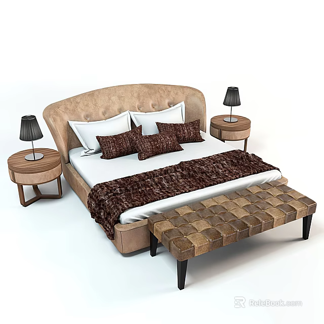 Double Bed With Curved Beige Headboard White Pillows Brown Cushions Blanket Black Lamps Checkered Bench 3d model 