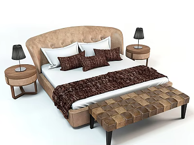Double Bed With Curved Beige Headboard White Pillows Brown Cushions Blanket Black Lamps Checkered Bench 3d model