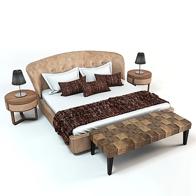 Double Bed With Curved Beige Headboard White Pillows Brown Cushions Blanket Black Lamps Checkered Bench 3d model