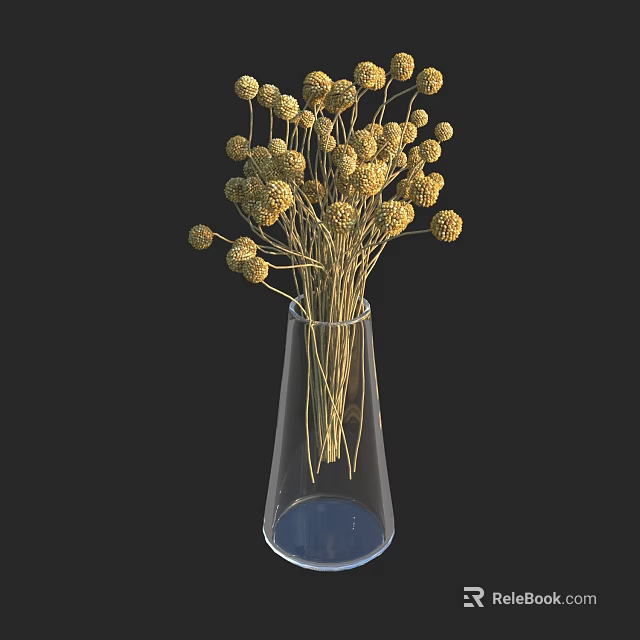 Transparent Conical Vase With Dried Yellow Spherical Blooms On Slender Stems 3d model 