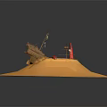 Cartoon Scene Tilted Wooden Sailboat With White Sails Red Flag And Anchor On Sandy Ground
