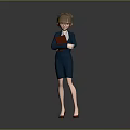 Female Character In Blue Suit Dress With Red Glasses Red Folder Standing On Gray Background