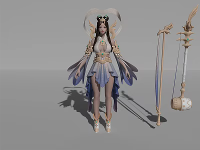Fantasy Game Female Character In Elegant Blue White Outfit With Ornate Staff And Flowing Wings 3d model