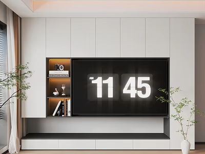 Modern TV Background Wall Design With White Cabinets Open Shelves And Large Screen 3d model