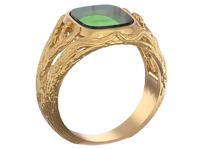 Gold Ring Adorned With Square Green Gemstone And Intricate Carved Patterns 3d model