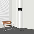 Modern Black Floor Lamp With Metal Stand Next To Brown Chair And White Blinds