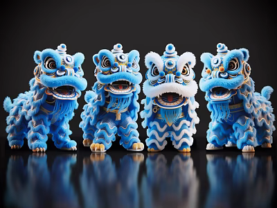Four Blue Lion Dance Figurines With White Patterns And Decorative Details 3d model