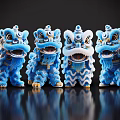 Four Blue Lion Dance Figurines With White Patterns And Decorative Details