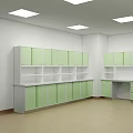 Modern Examination Room Interior Design With Green Cabinets Shelves And Workbench