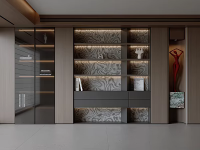 Modern Luxury Bookcase Design With Glass Doors Wooden Frame LED Lights Drawers And Decorations 3d model