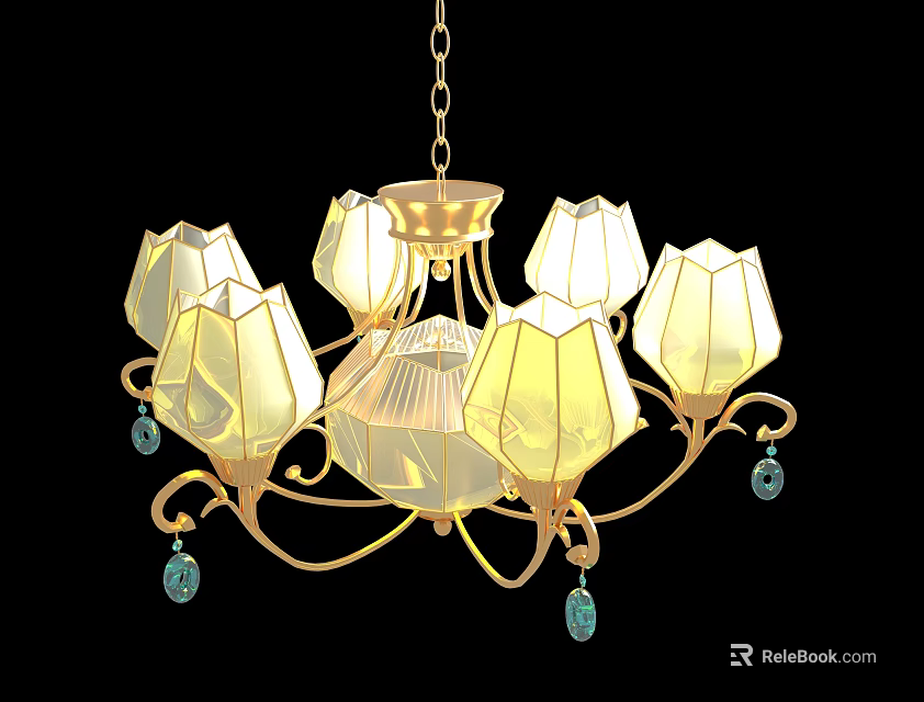 Elegant Classic Chandelier With Gold Frame Petal Shaped Shades And Blue Pendants 3d model 