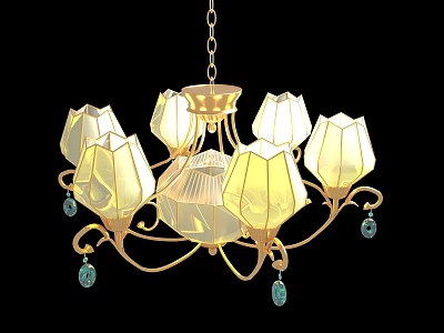 Elegant Classic Chandelier With Gold Frame Petal Shaped Shades And Blue Pendants 3d model