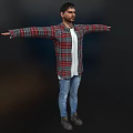 A Man in Plaid Shirt White T-Shirt and Blue Jeans with Arms Outstretched