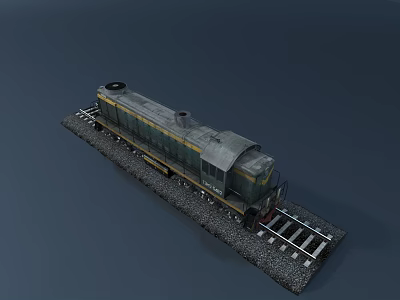 Vintage Train Locomotive on Railroad Tracks Surrounded by Gravel with Metallic Body 3d model