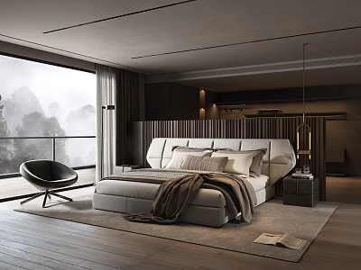 Modern Bedroom Interior With Large Bed Floor to Ceiling Window Mountain View Rug and Armchair 3d model