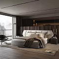 Modern Bedroom Interior With Large Bed Floor to Ceiling Window Mountain View Rug and Armchair