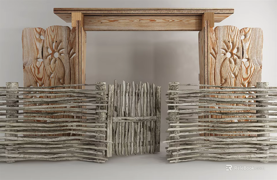Handmade Wooden Carved and Twig Woven Fences with Natural Rustic Carved Design and Wood Material 3d model 