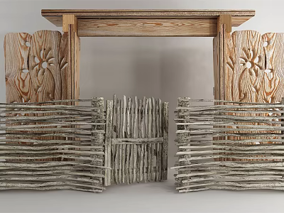Handmade Wooden Carved and Twig Woven Fences with Natural Rustic Carved Design and Wood Material 3d model