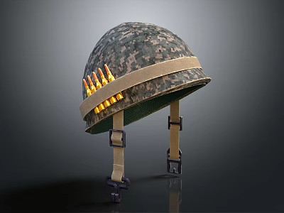 Camouflage Military Helmet with Bullets Attached on Side and Adjustable Straps with Chin Support 3d model