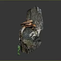 Natural Wood Stone Stump Sculpture With Orange Mushrooms And Detailed Texture