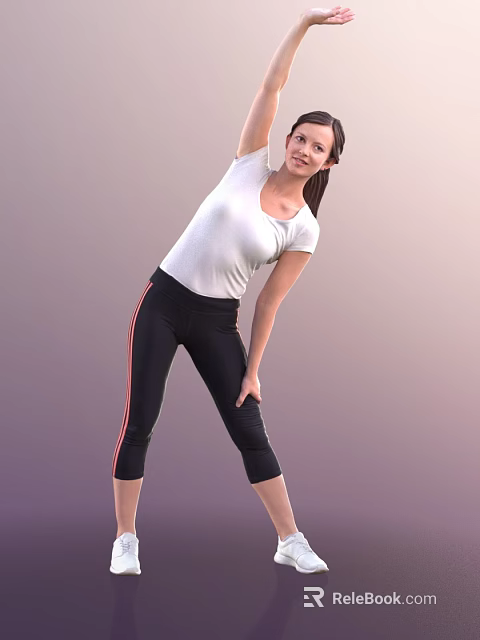 Woman Stretching Wearing White Shirt and Black Leggings With Red Stripes on Purple Gradient Background 3d model 