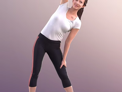 Woman Stretching Wearing White Shirt and Black Leggings With Red Stripes on Purple Gradient Background 3d model