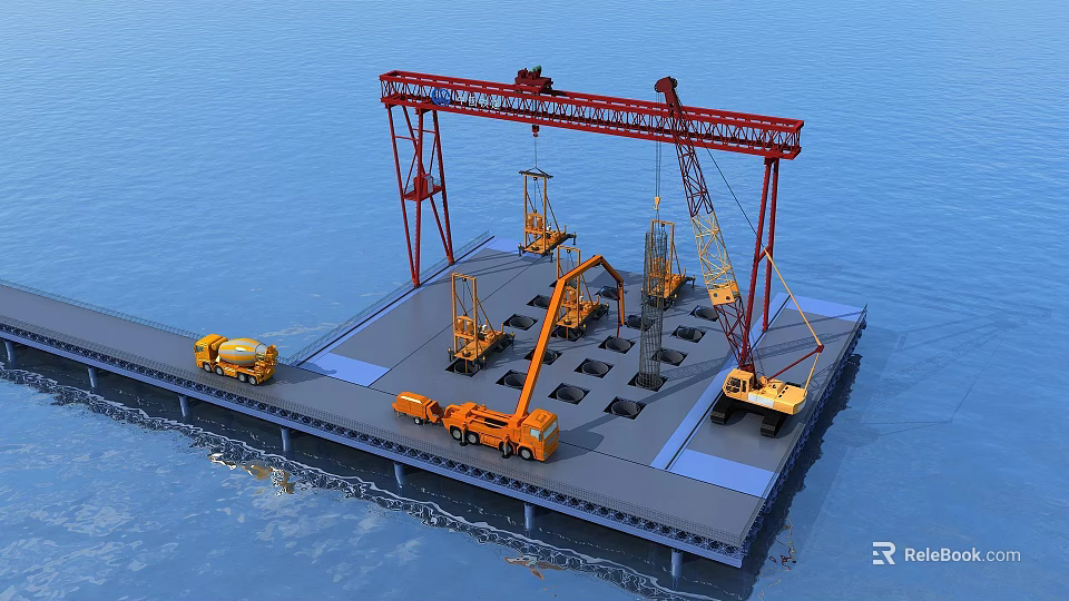 Industrial Plant Facility On Offshore Platform With Gantry Crane And Construction Trucks 3d model 