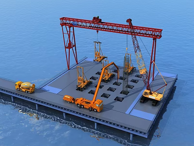 Industrial Plant Facility On Offshore Platform With Gantry Crane And Construction Trucks 3d model