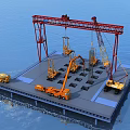 Industrial Plant Facility On Offshore Platform With Gantry Crane And Construction Trucks