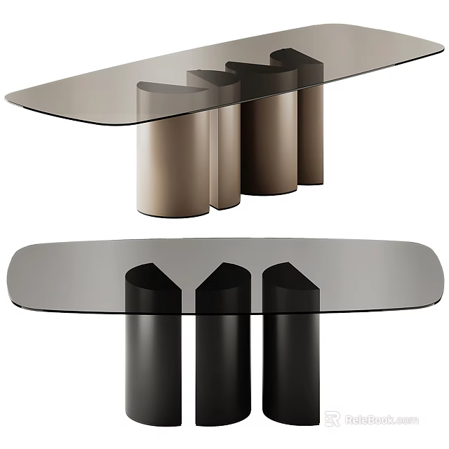 Modern Stylish Dining Table With Glass Top And Black Brown Column Bases Design 3d model 