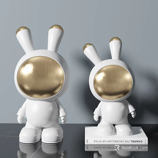 Decorative Rabbit Ornament Set Featuring White Bodies And Golden Astronaut Heads 3d model
