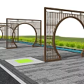 Modern Wooden Archway With Lattice Design In Garden Surrounded By Green Trees