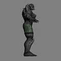 Muscular Game Movie Character With Rock Textured Skin Spiked Shoulders And Green Cargo Shorts