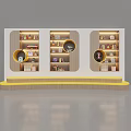 Modern Display Cabinet With Bookshelves Circular Areas Yellow Stepped Base And Items