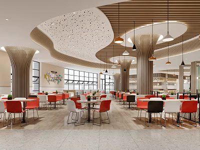 Modern Restaurant Interior Design With Hanging Pendant Lights Large Windows Red And White Chairs 3d model