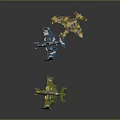 Three Multicolored Toy Airplane Models With Intricate Designs And Mechanical Details